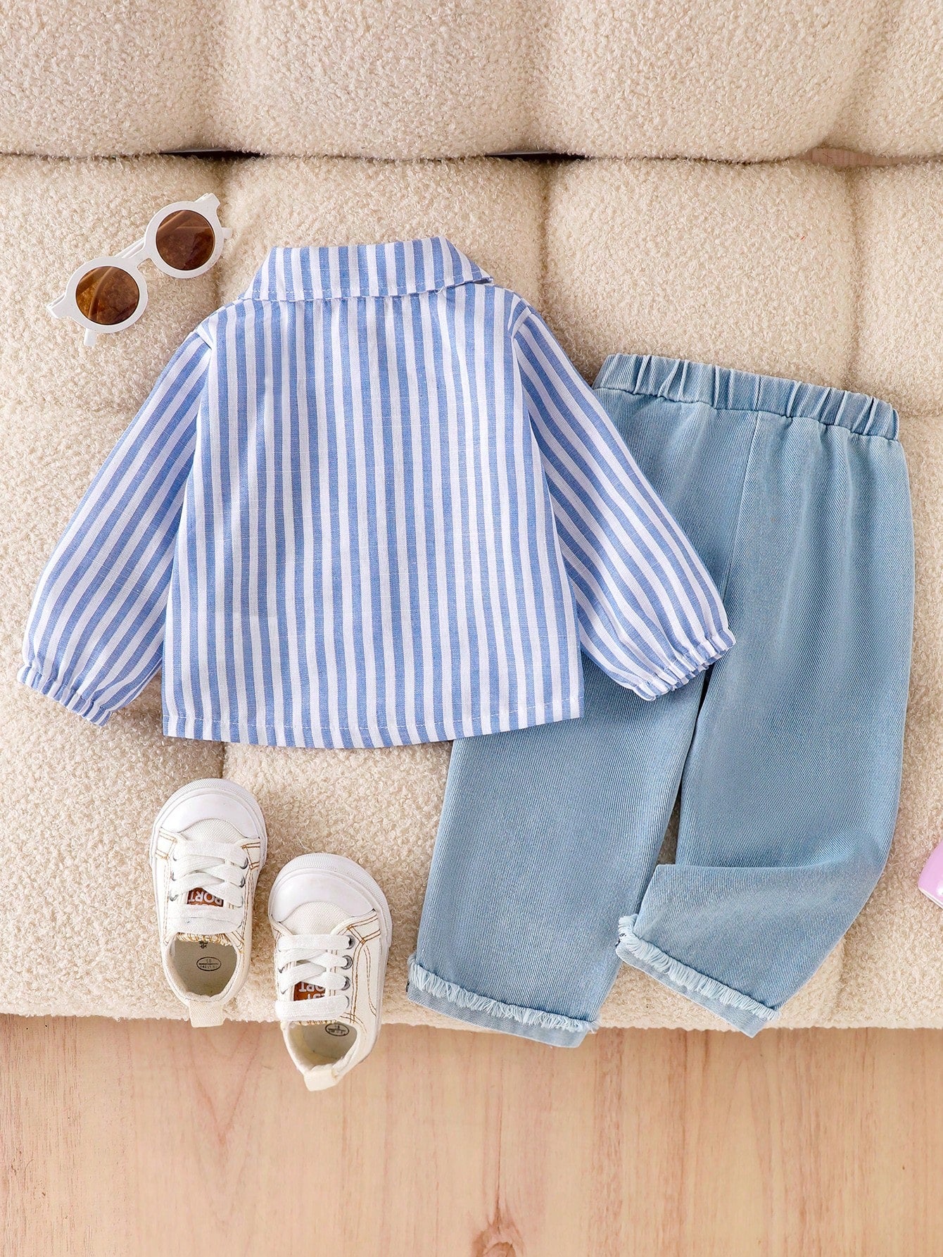 Baby Girl 2-Piece Set Casual Outfit: Long Sleeve Striped Collar Shirt Top And Elastic Waist Embroidered Stars Light Wash Denim Pants, Spring & Autumn