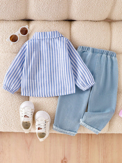 Baby Girl 2-Piece Set Casual Outfit: Long Sleeve Striped Collar Shirt Top And Elastic Waist Embroidered Stars Light Wash Denim Pants, Spring & Autumn
