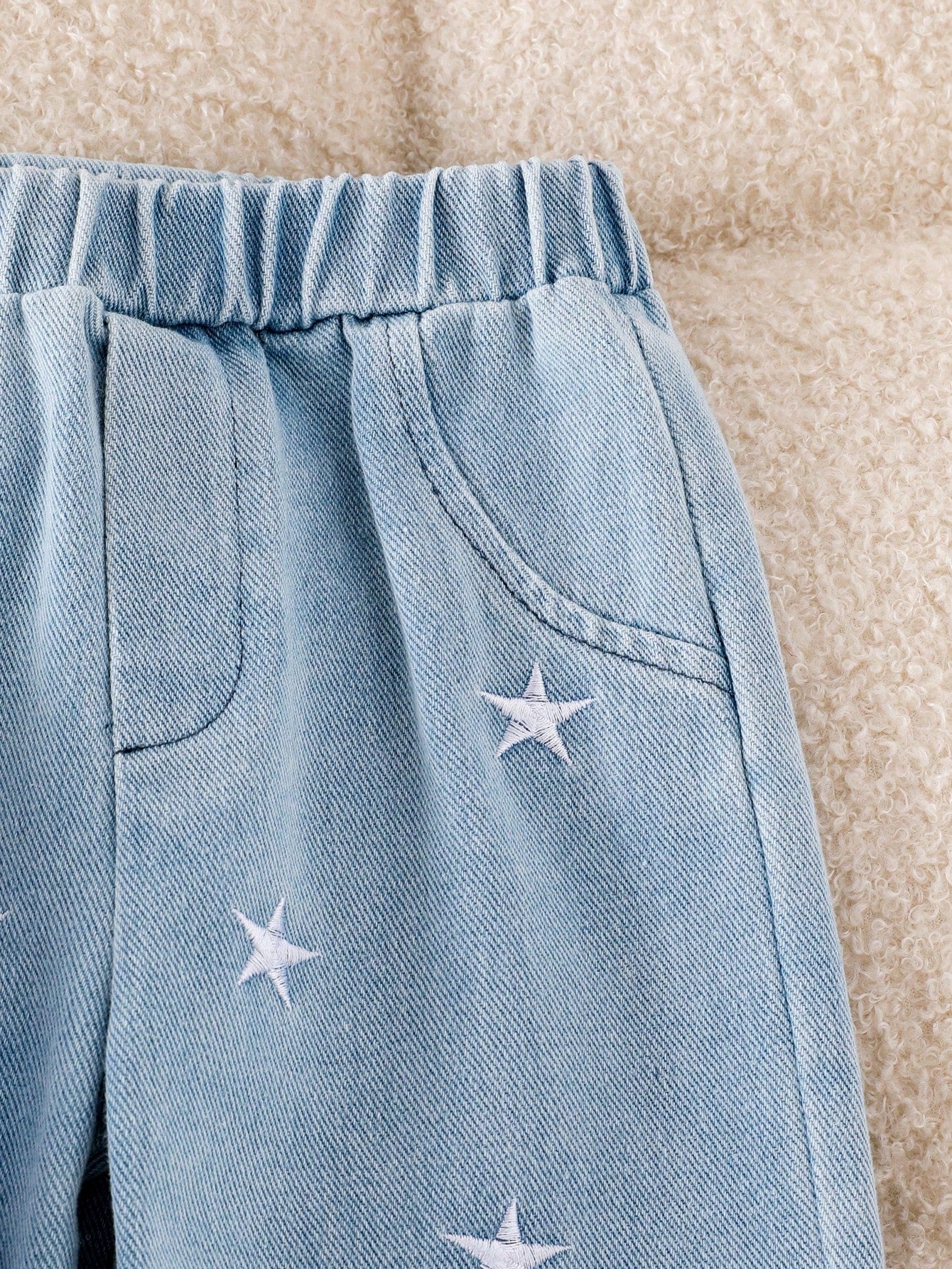 Baby Girl 2-Piece Set Casual Outfit: Long Sleeve Striped Collar Shirt Top And Elastic Waist Embroidered Stars Light Wash Denim Pants, Spring & Autumn