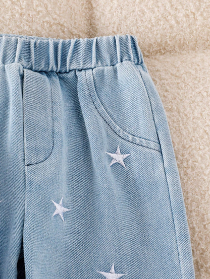 Baby Girl 2-Piece Set Casual Outfit: Long Sleeve Striped Collar Shirt Top And Elastic Waist Embroidered Stars Light Wash Denim Pants, Spring & Autumn