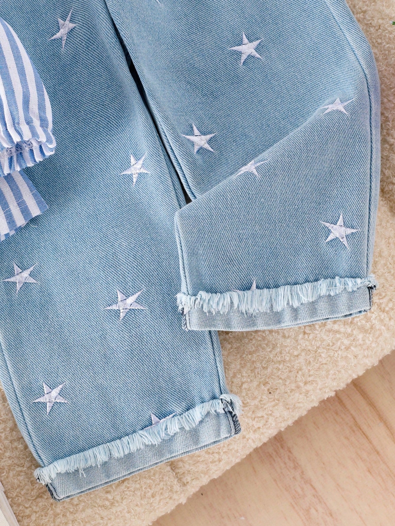 Baby Girl 2-Piece Set Casual Outfit: Long Sleeve Striped Collar Shirt Top And Elastic Waist Embroidered Stars Light Wash Denim Pants, Spring & Autumn