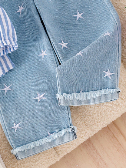 Baby Girl 2-Piece Set Casual Outfit: Long Sleeve Striped Collar Shirt Top And Elastic Waist Embroidered Stars Light Wash Denim Pants, Spring & Autumn