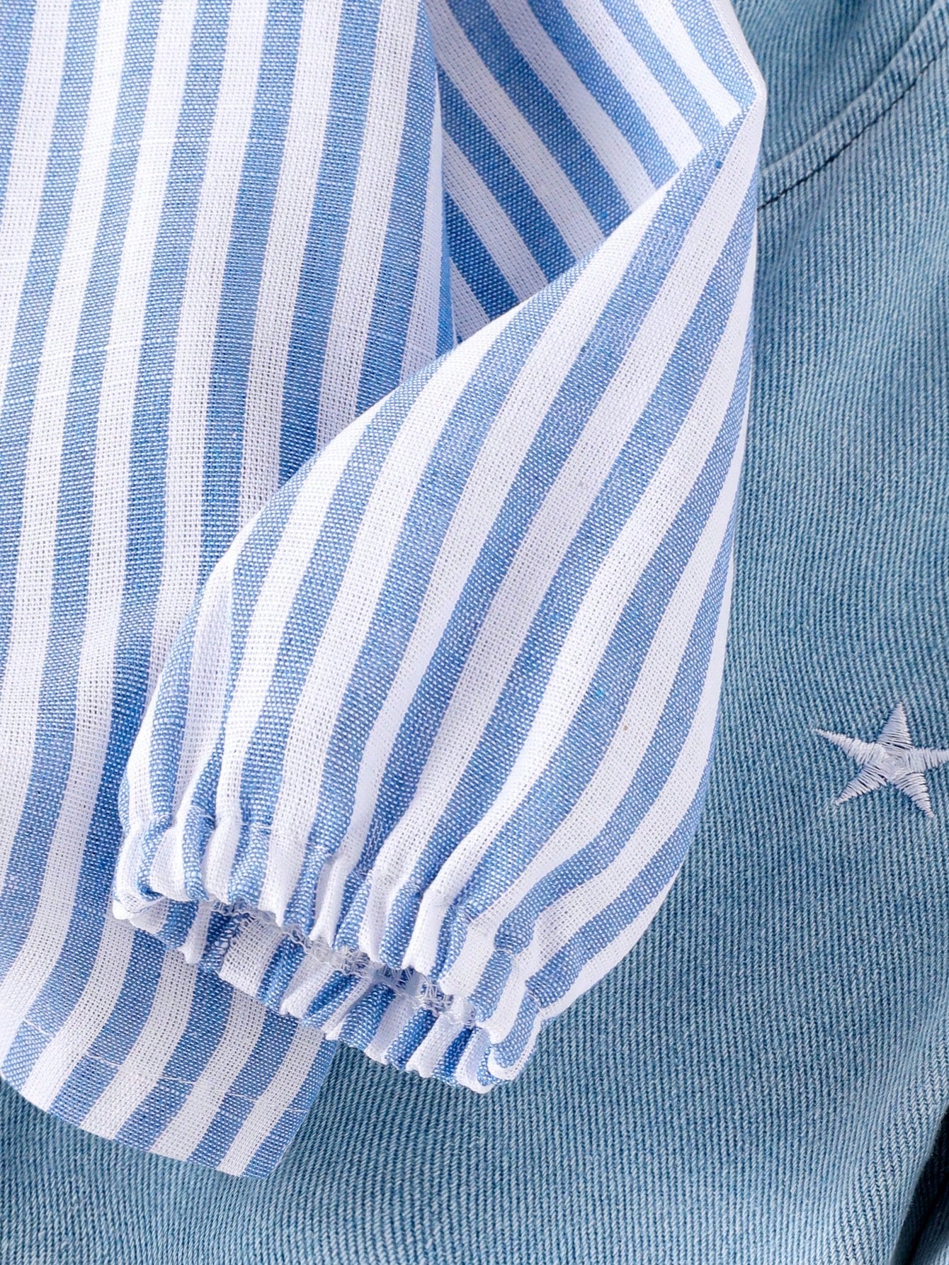Baby Girl 2-Piece Set Casual Outfit: Long Sleeve Striped Collar Shirt Top And Elastic Waist Embroidered Stars Light Wash Denim Pants, Spring & Autumn