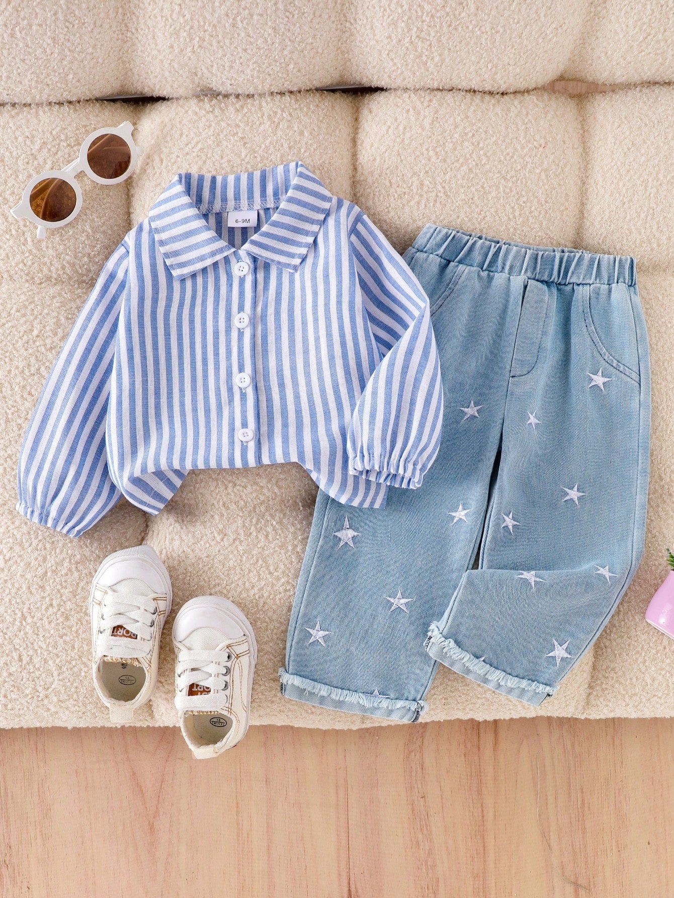 Baby Girl 2-Piece Set Casual Outfit: Long Sleeve Striped Collar Shirt Top And Elastic Waist Embroidered Stars Light Wash Denim Pants, Spring & Autumn