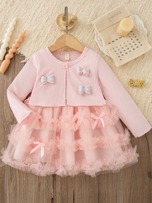 Baby Girl 3D Bow Decor Mesh Patchwork Fashion Holiday Dress