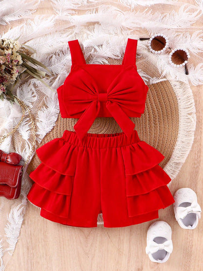 Baby Girl Bow Detail Decoration Short Strap Top And Red Shorts Set