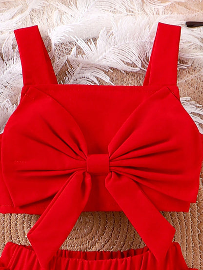 Baby Girl Bow Detail Decoration Short Strap Top And Red Shorts Set