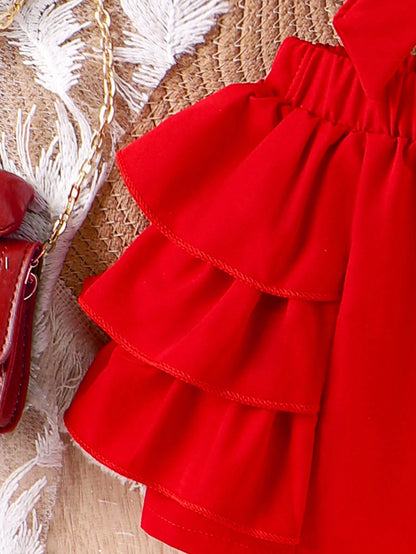 Baby Girl Bow Detail Decoration Short Strap Top And Red Shorts Set