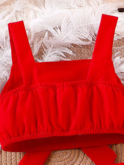 Baby Girl Bow Detail Decoration Short Strap Top And Red Shorts Set