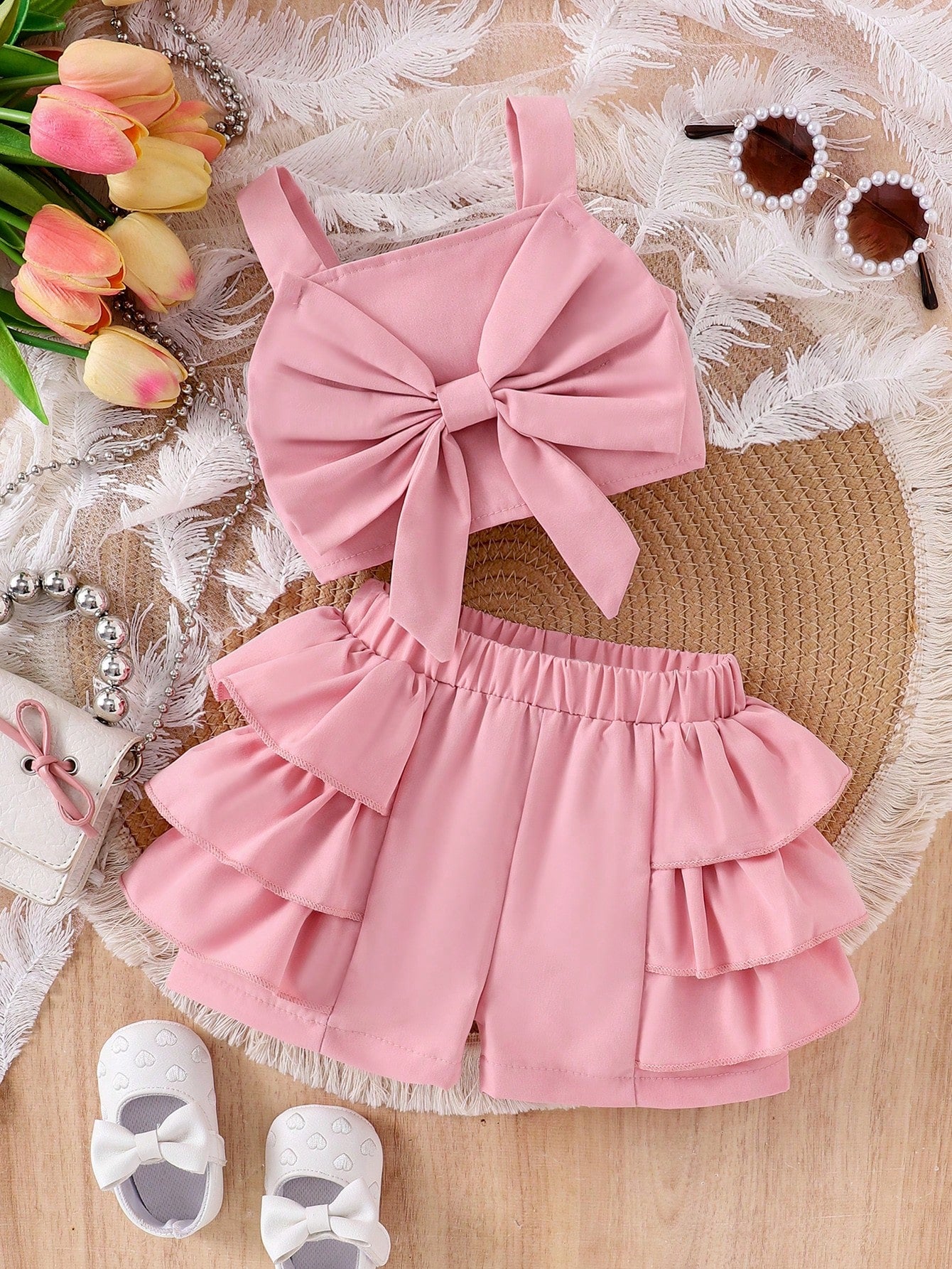 Baby Girl Bow Detail Decoration Short Strap Top And Red Shorts Set