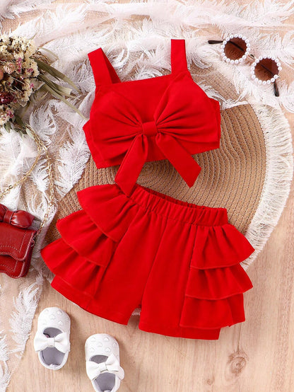 Baby Girl Bow Detail Decoration Short Strap Top And Red Shorts Set