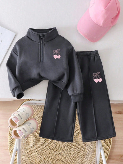 Baby Girl Cartoon Graphic Print Solid Color Sweatshirt And Pants Set, Minimalist Design, Comfortable For Spring, Autumn, Winter, 2-Piece Set