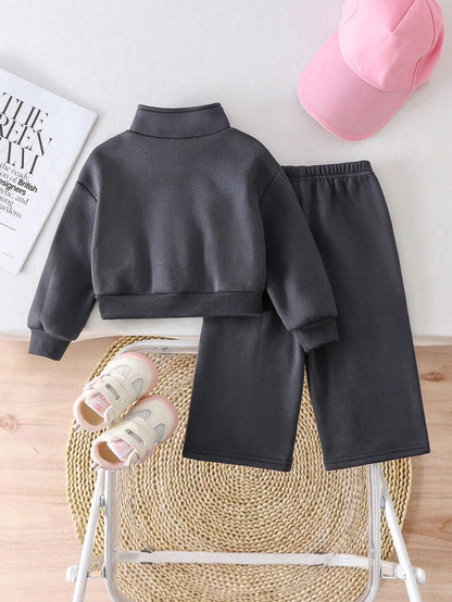 Baby Girl Cartoon Graphic Print Solid Color Sweatshirt And Pants Set, Minimalist Design, Comfortable For Spring, Autumn, Winter, 2-Piece Set