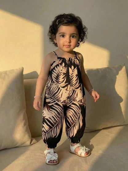Baby Girl Casual Daily Vacation Tropical Plant Print Spaghetti Strap Romper