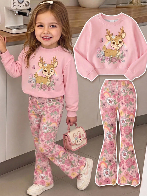 Baby Girl Casual Knitted Soft Thick Crew Neck Long Sleeve Sweatshirt And Flared Leggings Set, Suitable For Autumn/Winter