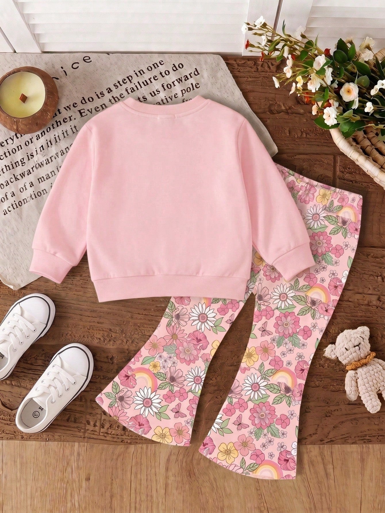 Baby Girl Casual Knitted Soft Thick Crew Neck Long Sleeve Sweatshirt And Flared Leggings Set, Suitable For Autumn/Winter