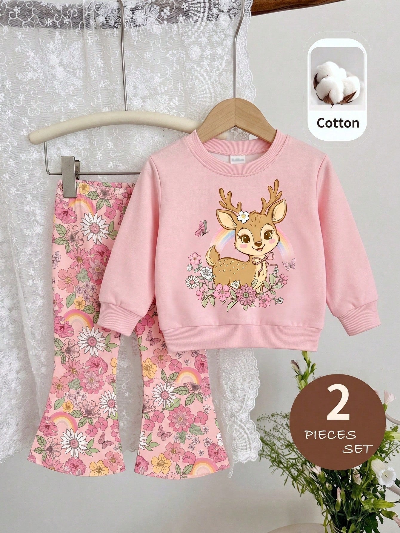 Baby Girl Casual Knitted Soft Thick Crew Neck Long Sleeve Sweatshirt And Flared Leggings Set, Suitable For Autumn/Winter