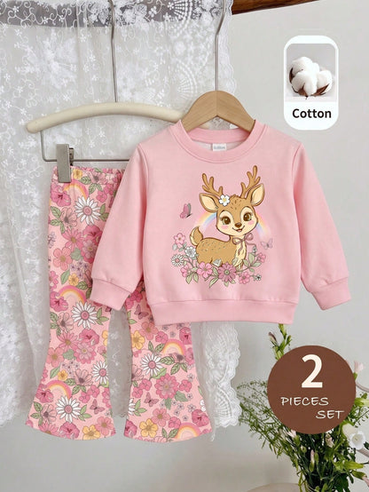 Baby Girl Casual Knitted Soft Thick Crew Neck Long Sleeve Sweatshirt And Flared Leggings Set, Suitable For Autumn/Winter