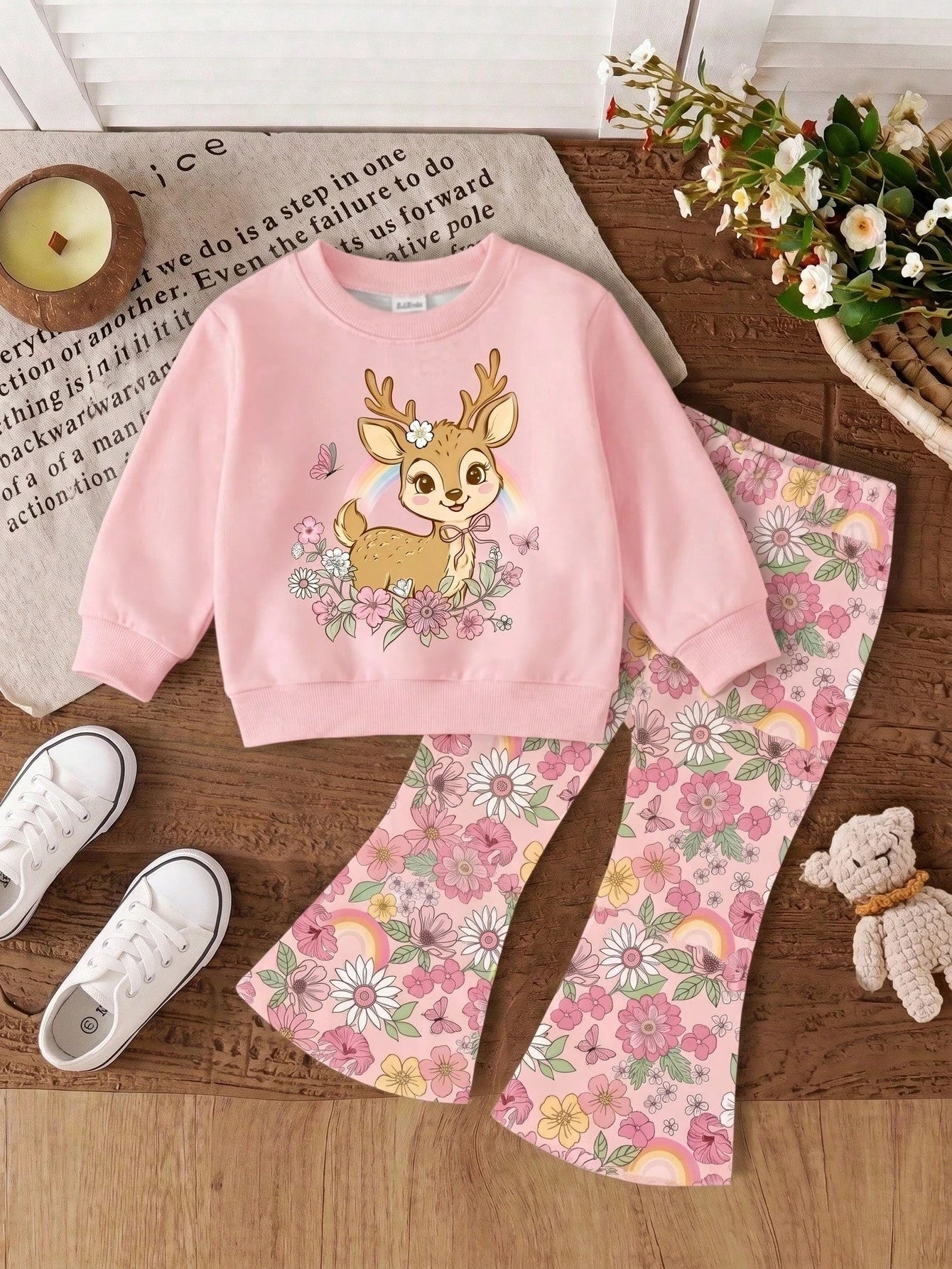 Baby Girl Casual Knitted Soft Thick Crew Neck Long Sleeve Sweatshirt And Flared Leggings Set, Suitable For Autumn/Winter
