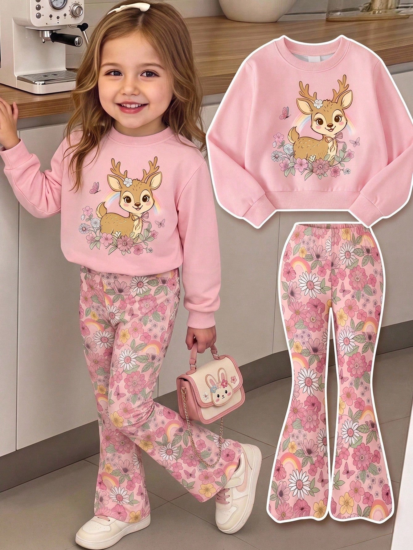 Baby Girl Casual Knitted Soft Thick Crew Neck Long Sleeve Sweatshirt And Flared Leggings Set, Suitable For Autumn/Winter
