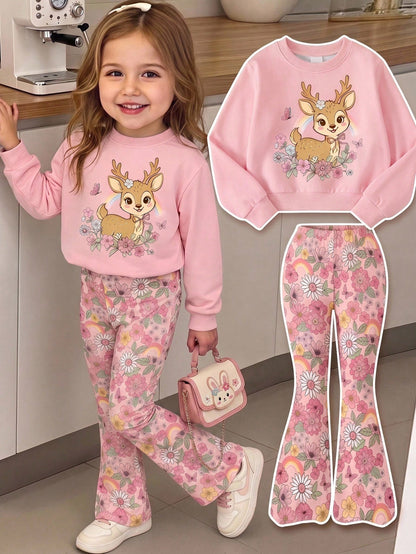 Baby Girl Casual Knitted Soft Thick Crew Neck Long Sleeve Sweatshirt And Flared Leggings Set, Suitable For Autumn/Winter