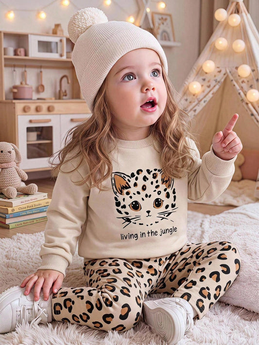 Baby Girl Casual Minimalist Loose Round Neck Sweatshirt And Elastic Waist Long Pants Set, Suitable For Autumn/Winter