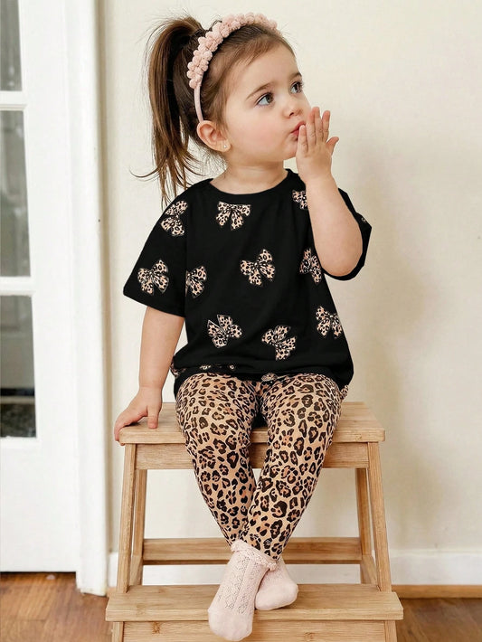 Baby Girl Casual Minimalist Round Neck Loose Short Sleeve T-Shirt And Leggings Set,Suitable For Spring/Summer Clothes Girls Leopard Outfit