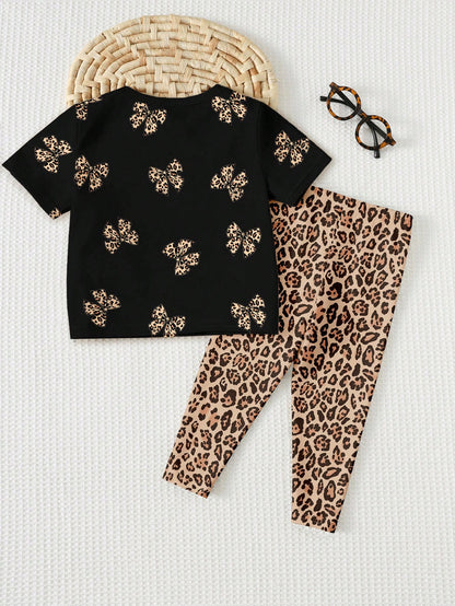 Baby Girl Casual Minimalist Round Neck Loose Short Sleeve T-Shirt And Leggings Set,Suitable For Spring/Summer Clothes Girls Leopard Outfit