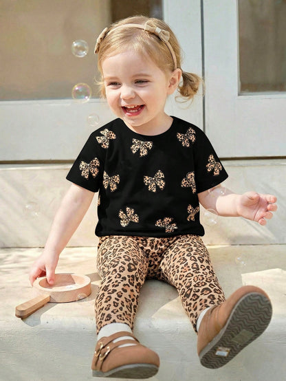 Baby Girl Casual Minimalist Round Neck Loose Short Sleeve T-Shirt And Leggings Set,Suitable For Spring/Summer Clothes Girls Leopard Outfit
