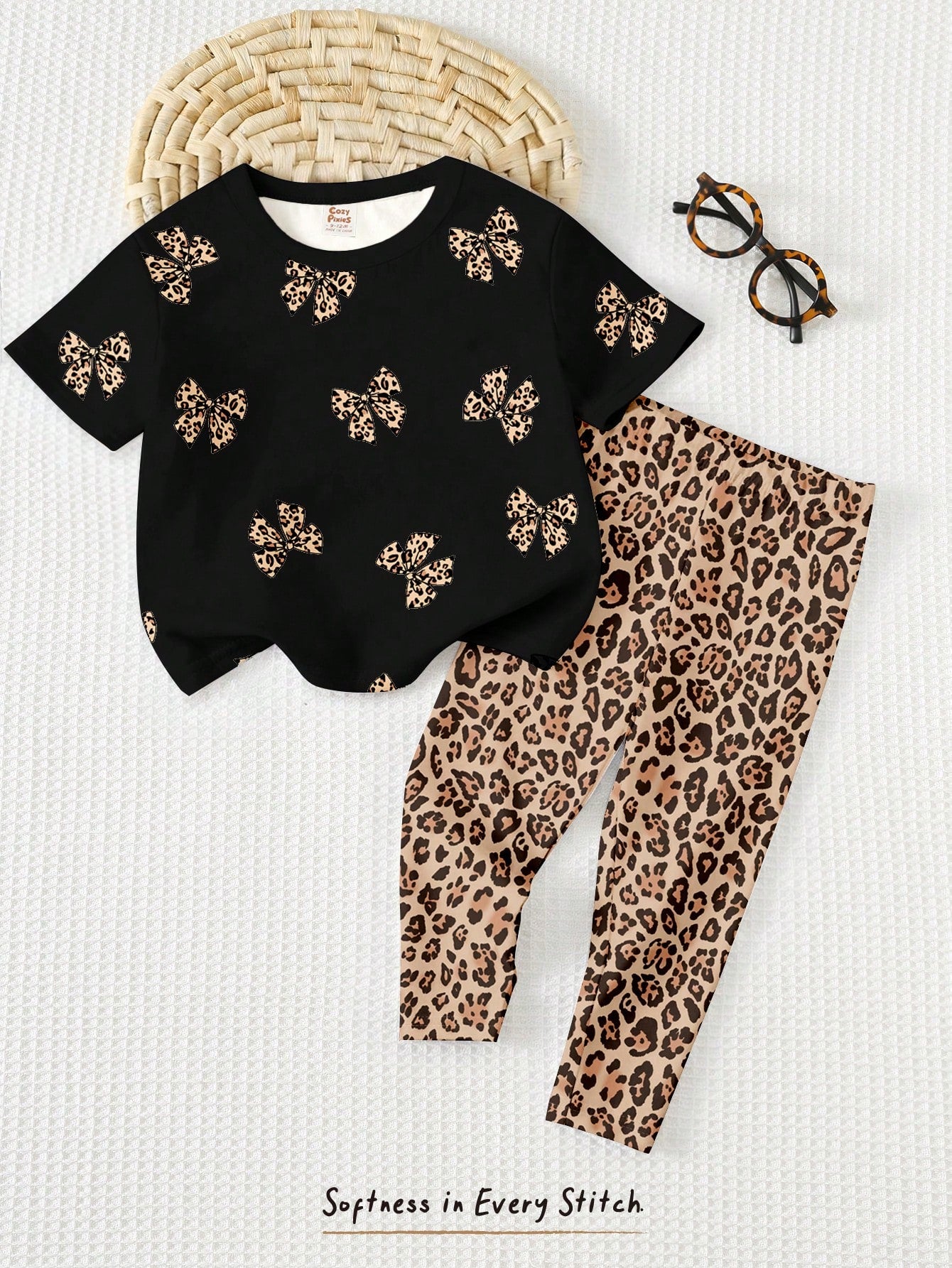 Baby Girl Casual Minimalist Round Neck Loose Short Sleeve T-Shirt And Leggings Set,Suitable For Spring/Summer Clothes Girls Leopard Outfit