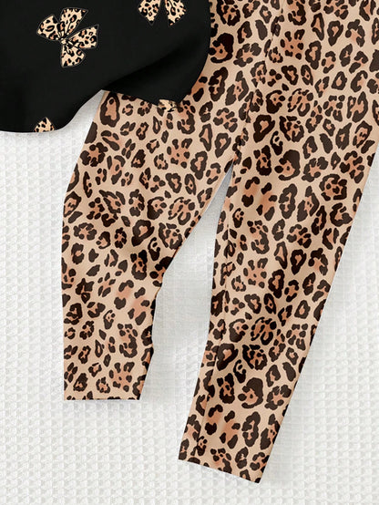 Baby Girl Casual Minimalist Round Neck Loose Short Sleeve T-Shirt And Leggings Set,Suitable For Spring/Summer Clothes Girls Leopard Outfit