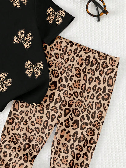 Baby Girl Casual Minimalist Round Neck Loose Short Sleeve T-Shirt And Leggings Set,Suitable For Spring/Summer Clothes Girls Leopard Outfit