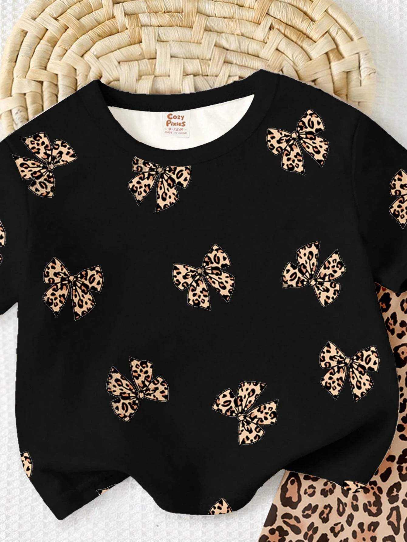 Baby Girl Casual Minimalist Round Neck Loose Short Sleeve T-Shirt And Leggings Set,Suitable For Spring/Summer Clothes Girls Leopard Outfit