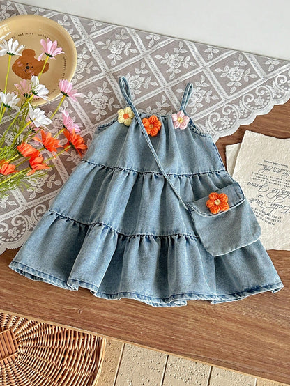 Baby Girl Fashion Casual Cute Fairy 3D Flower Decor Denim Sleeveless Dress Bag Set Suitable For Autumn Indoor Outdoor Travel Beach Vacation Denim Blue