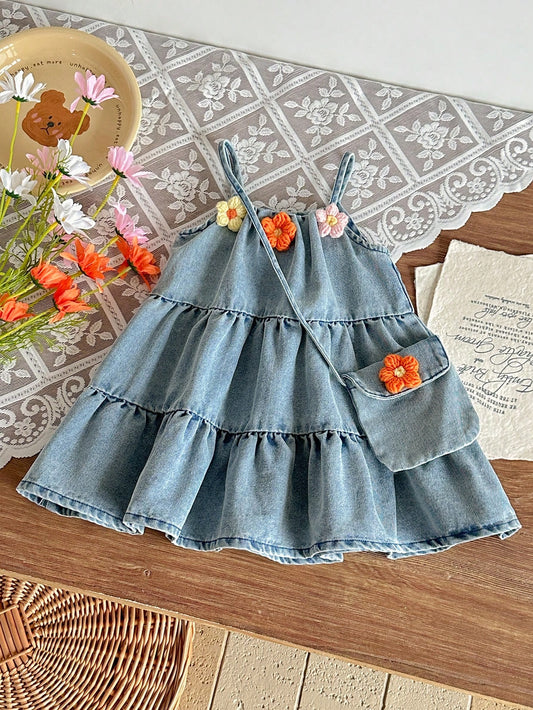 Baby Girl Fashion Casual Cute Fairy 3D Flower Decor Denim Sleeveless Dress Bag Set Suitable For Autumn Indoor Outdoor Travel Beach Vacation Denim Blue