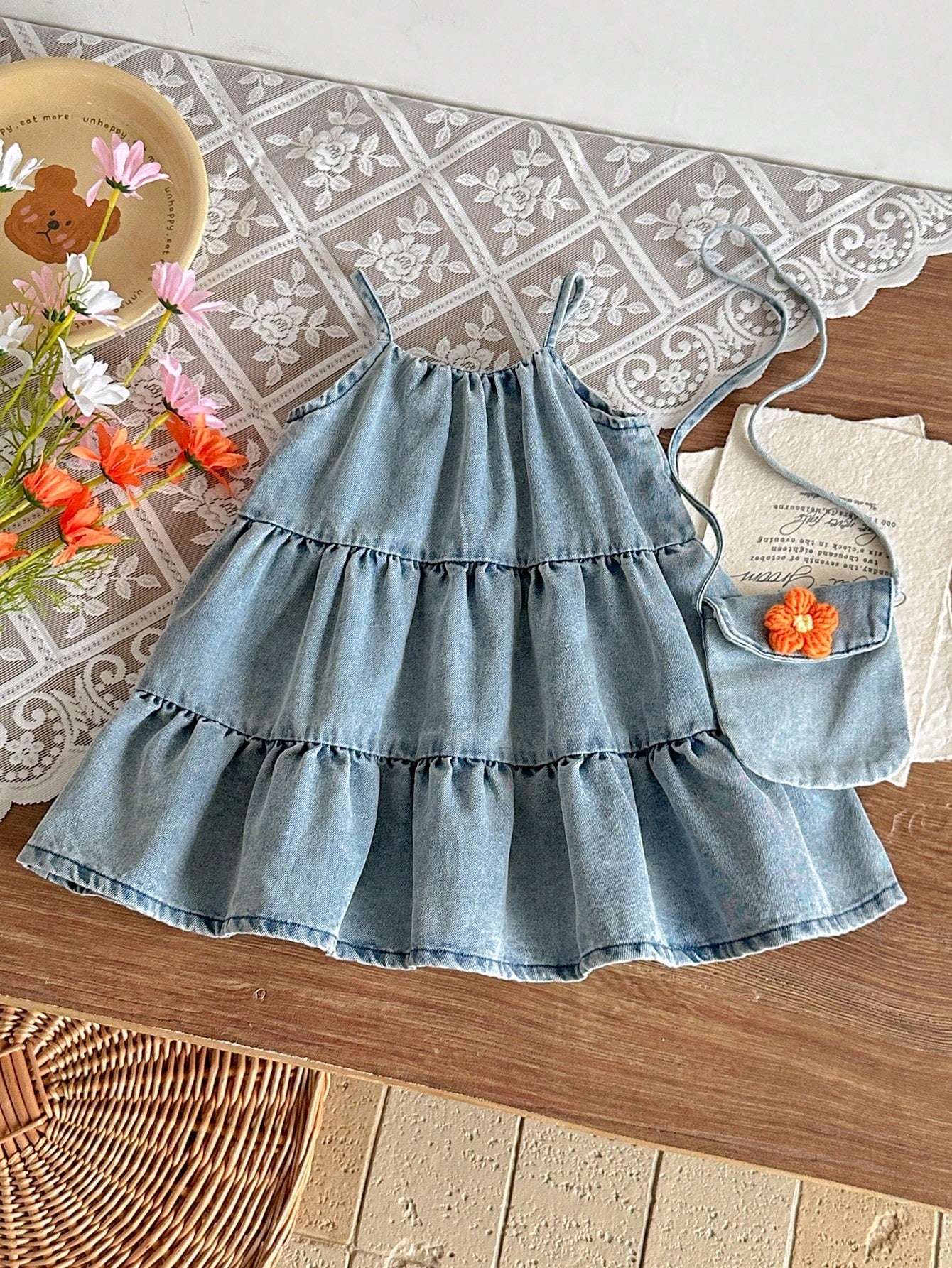 Baby Girl Fashion Casual Cute Fairy 3D Flower Decor Denim Sleeveless Dress Bag Set Suitable For Autumn Indoor Outdoor Travel Beach Vacation Denim Blue
