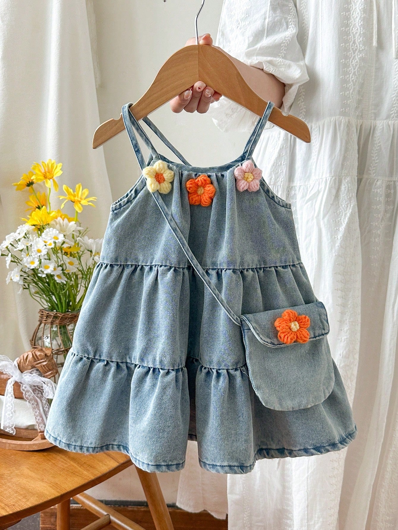 Baby Girl Fashion Casual Cute Fairy 3D Flower Decor Denim Sleeveless Dress Bag Set Suitable For Autumn Indoor Outdoor Travel Beach Vacation Denim Blue