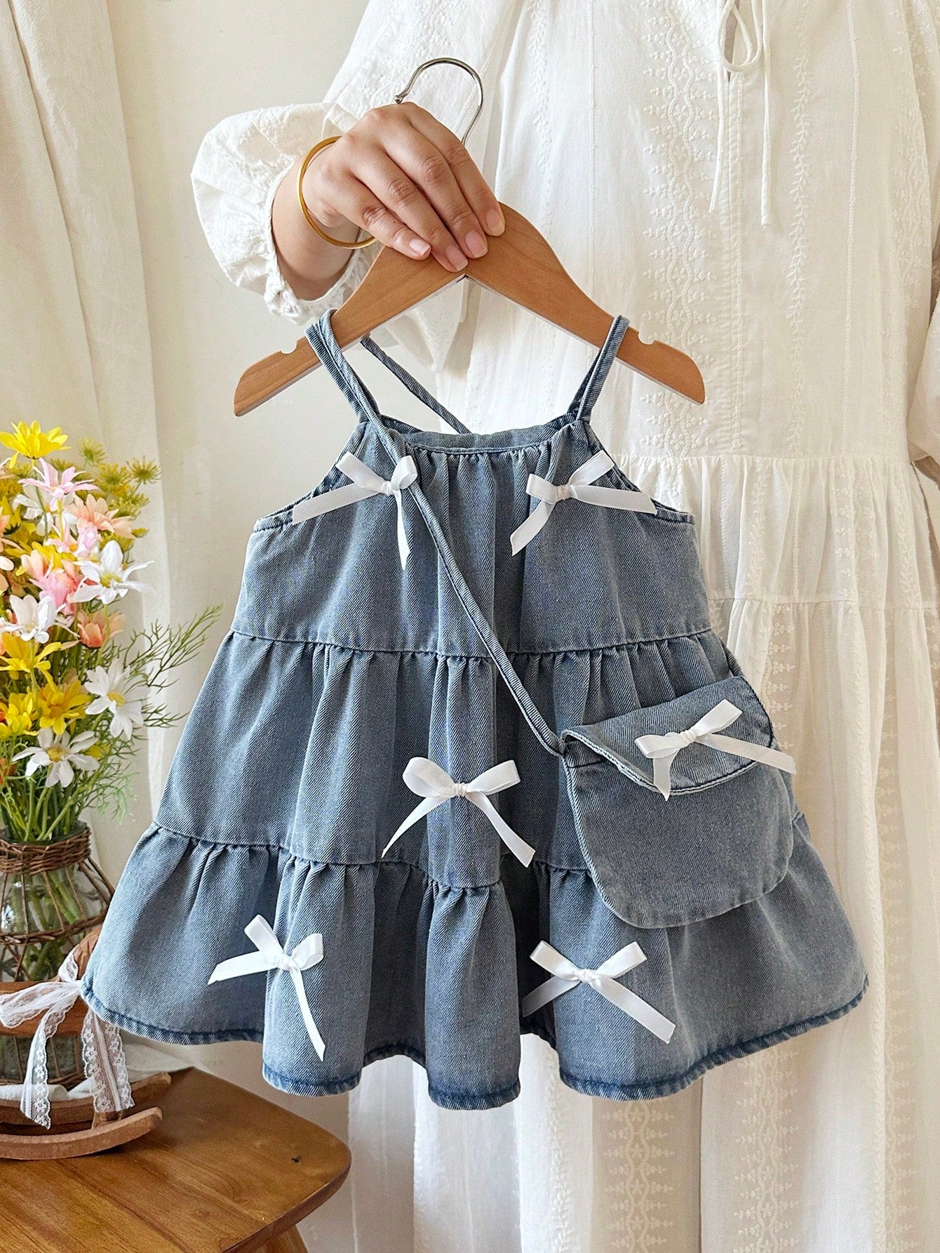 Baby Girl Fashion Casual Cute Fairy 3D Flower Decor Denim Sleeveless Dress Bag Set Suitable For Autumn Indoor Outdoor Travel Beach Vacation Denim Blue