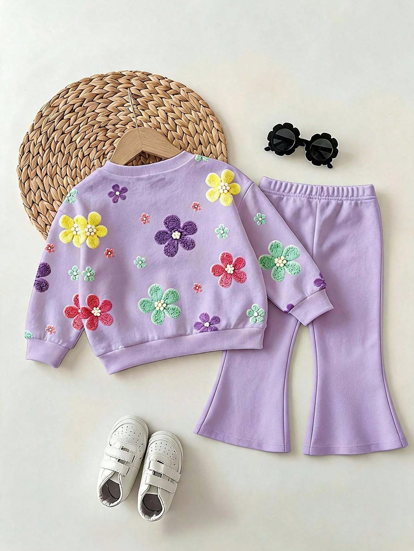 Baby Girl Floral Print Crew Neck Sweatshirt & Flared Pants Set