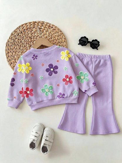 Baby Girl Floral Print Crew Neck Sweatshirt & Flared Pants Set
