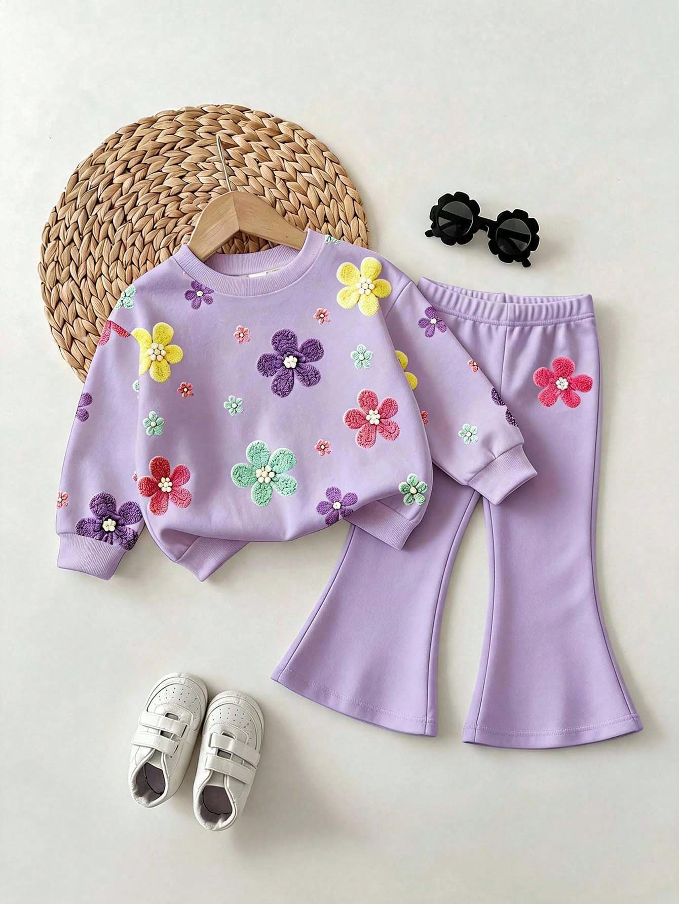 Baby Girl Floral Print Crew Neck Sweatshirt & Flared Pants Set