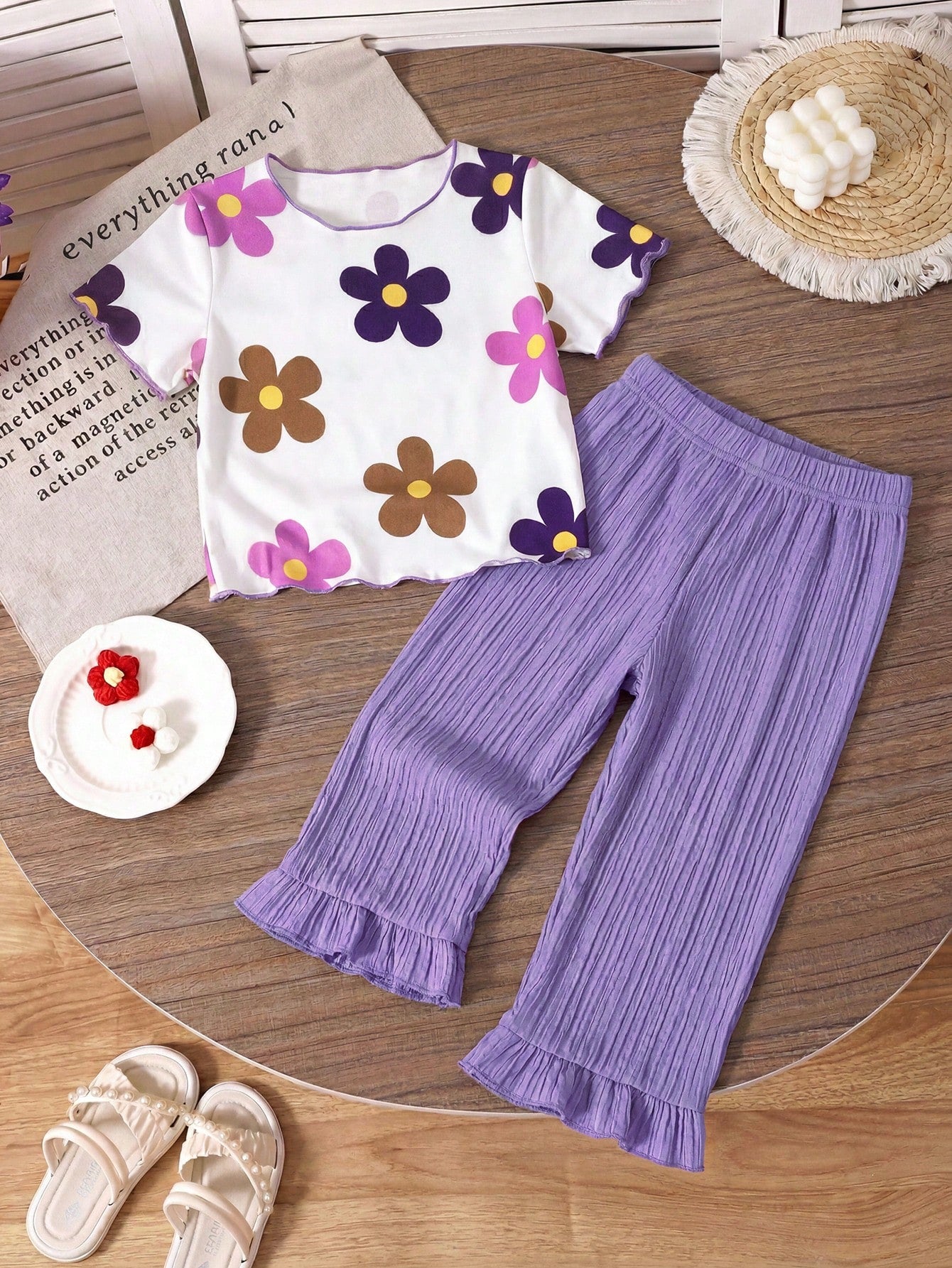 Baby Girl Floral Print Round Neck Short Sleeve T-Shirt And Pleated Pants Casual Outfit