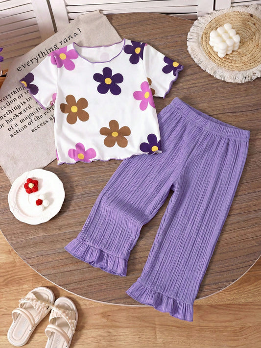 Baby Girl Floral Print Round Neck Short Sleeve T-Shirt And Pleated Pants Casual Outfit