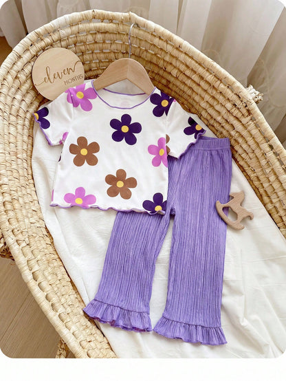 Baby Girl Floral Print Round Neck Short Sleeve T-Shirt And Pleated Pants Casual Outfit
