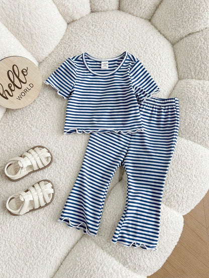 Baby Girl Floral Print Round Neck Short Sleeve T-Shirt And Pleated Pants Casual Outfit