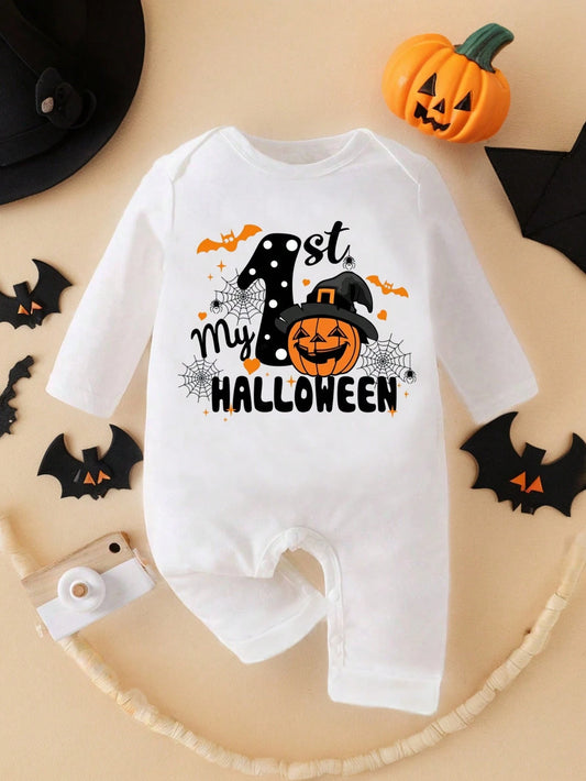 Baby Girl Halloween Theme Print Comfortable Fashionable Crew Neck Long Sleeve Jumpsuit Holiday Party All White Autumn Cute