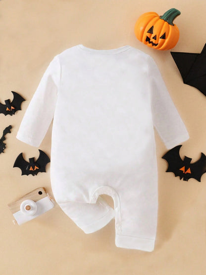 Baby Girl Halloween Theme Print Comfortable Fashionable Crew Neck Long Sleeve Jumpsuit Holiday Party All White Autumn Cute