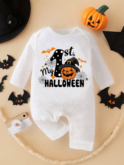 Baby Girl Halloween Theme Print Comfortable Fashionable Crew Neck Long Sleeve Jumpsuit Holiday Party All White Autumn Cute