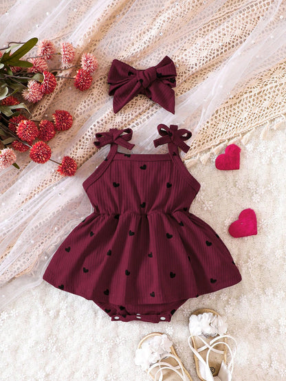 Baby Girl Heart Print Bow Shoulder Cami Combo Bodysuit Dress & Headband