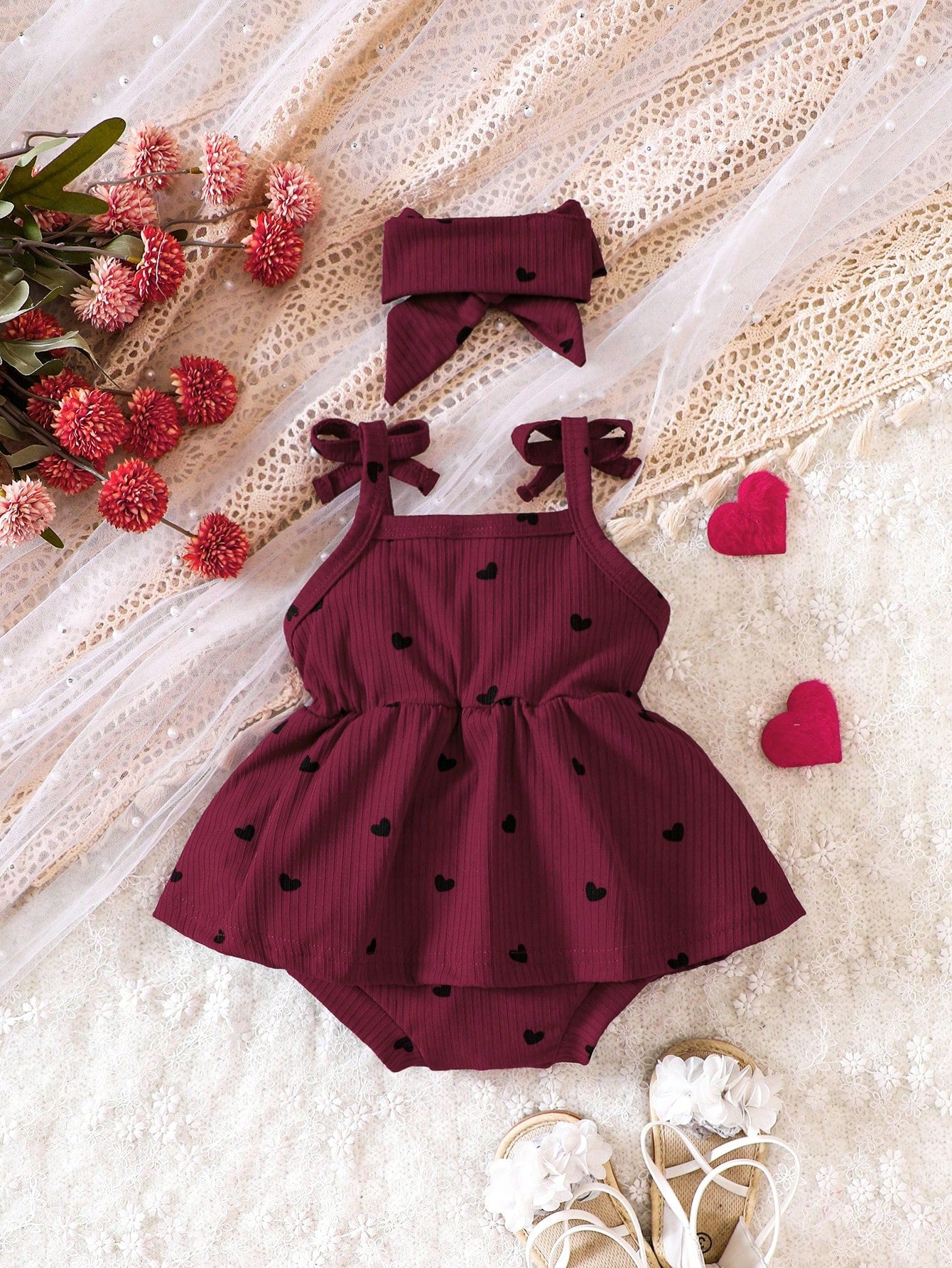 Baby Girl Heart Print Bow Shoulder Cami Combo Bodysuit Dress & Headband